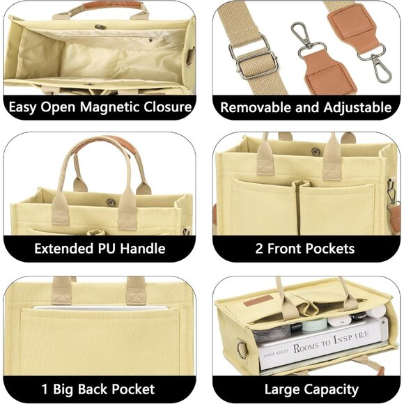 Women's Khaki Imported Canvas Laptop Crossbody Work Large Tote Handbags - Picture 4 of 8